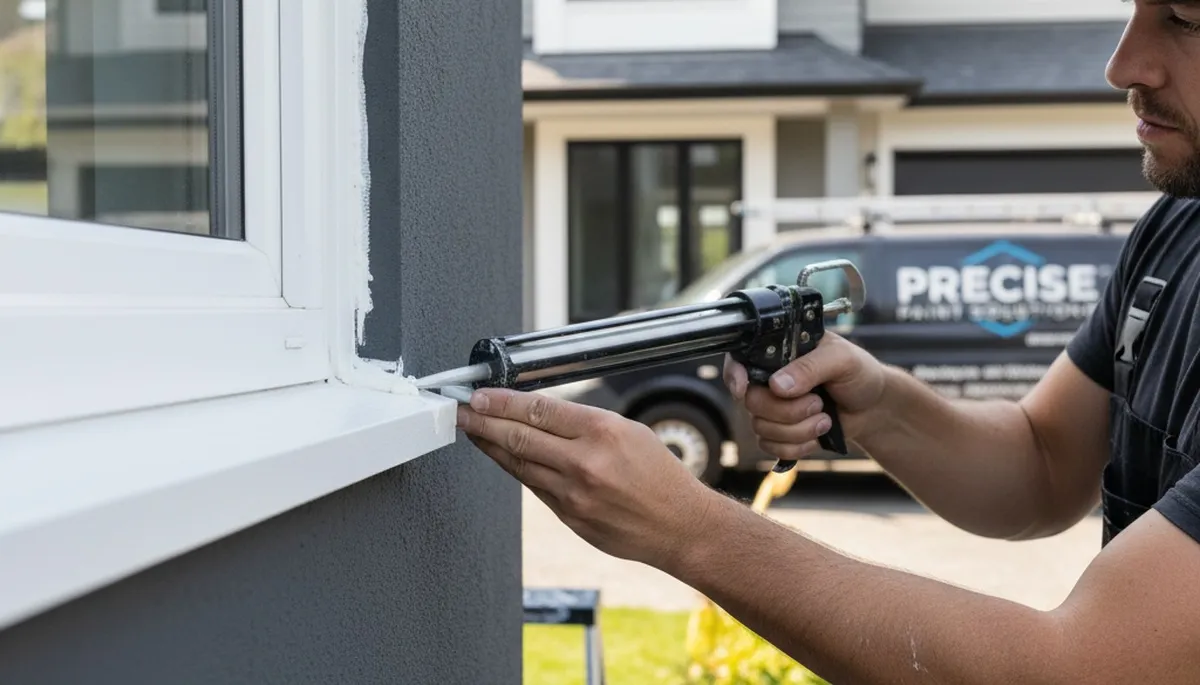 Professional caulking and sealing on Sarasota FL home exterior for moisture protection and storm defense