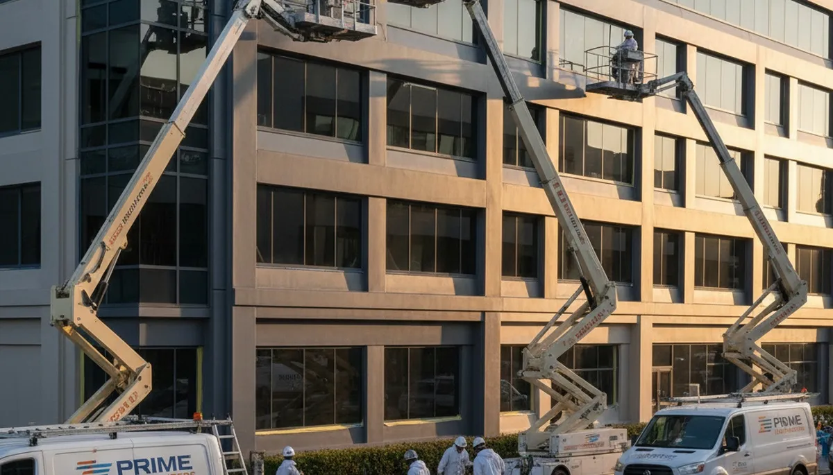 Professional commercial painters coating Sarasota FL business exterior with durable paint finish