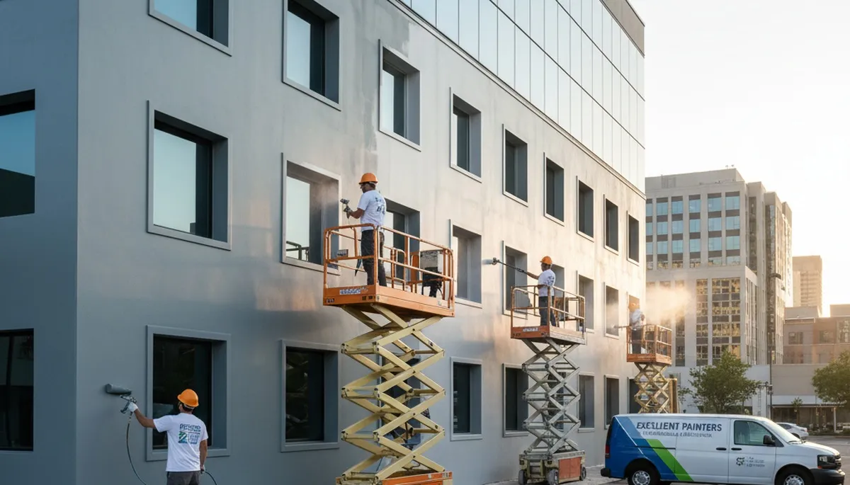 Professional commercial painters finishing exterior business building in Sarasota, FL
