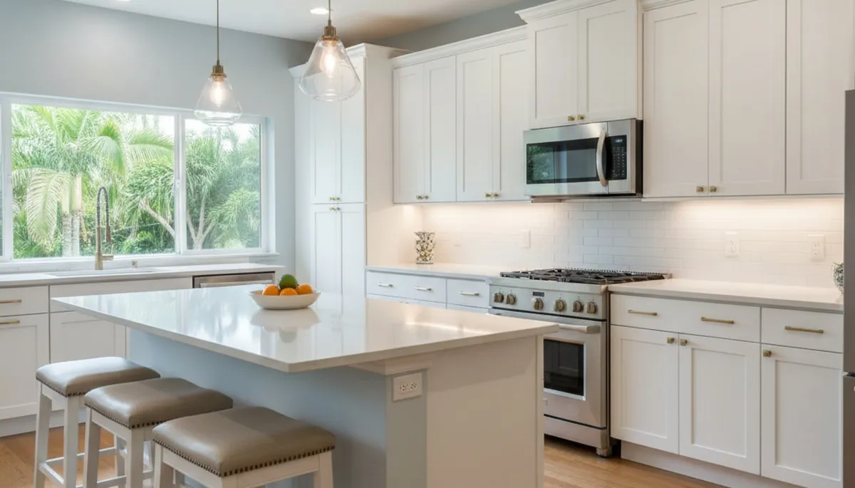 Refinished kitchen cabinets in Sarasota FL with smooth, durable paint finish by local house-painting experts