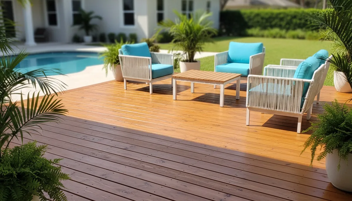 Finished deck staining in Sarasota FL showcasing rich wood color and weather-resistant professional finish