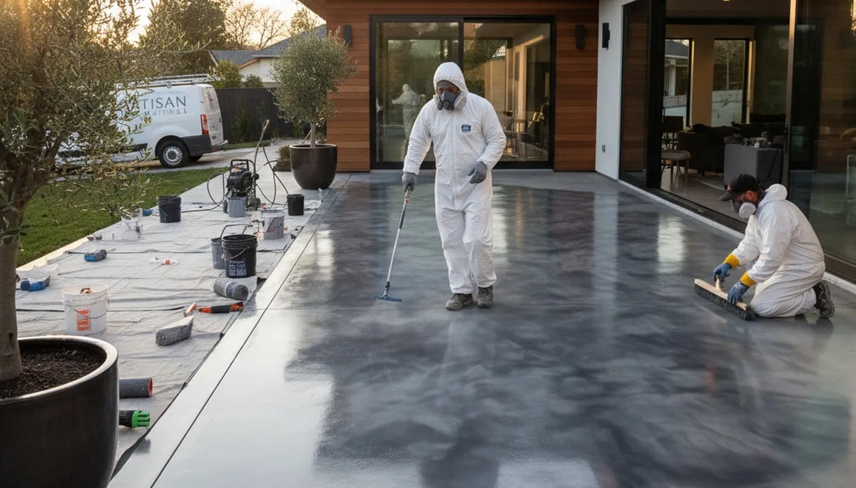 Professional concrete staining on Sarasota, FL patio by local house painters