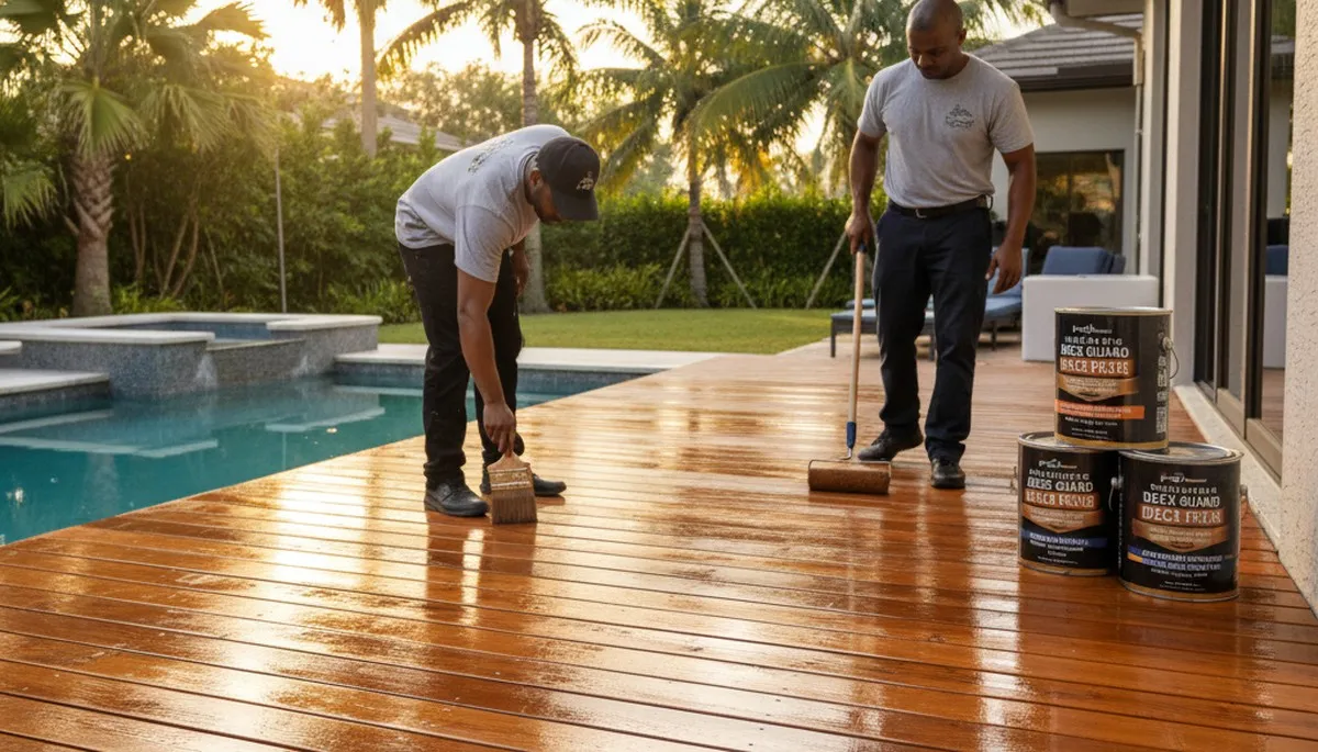 Professional deck staining in Sarasota FL enhancing wood color and protecting against UV and moisture damage