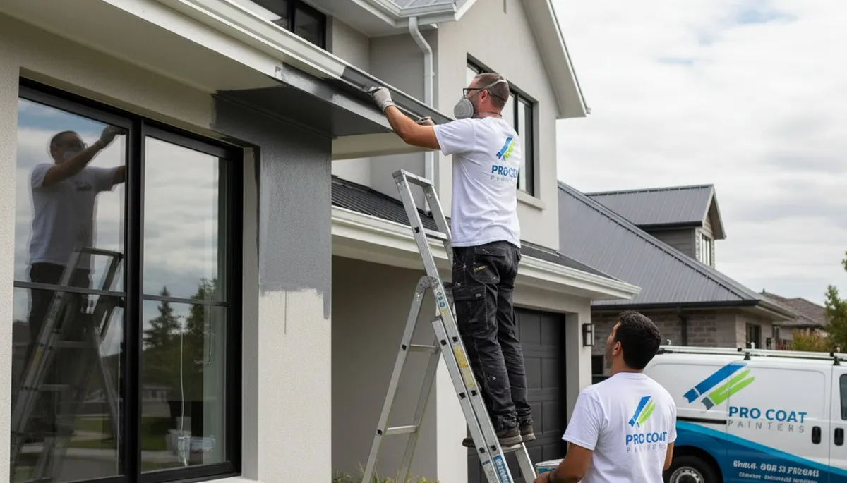 Professional painters applying durable gutter paint on a coastal home in Sarasota, FL