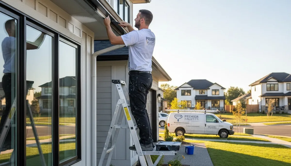 Professional painters applying durable gutter paint on Sarasota FL home exterior