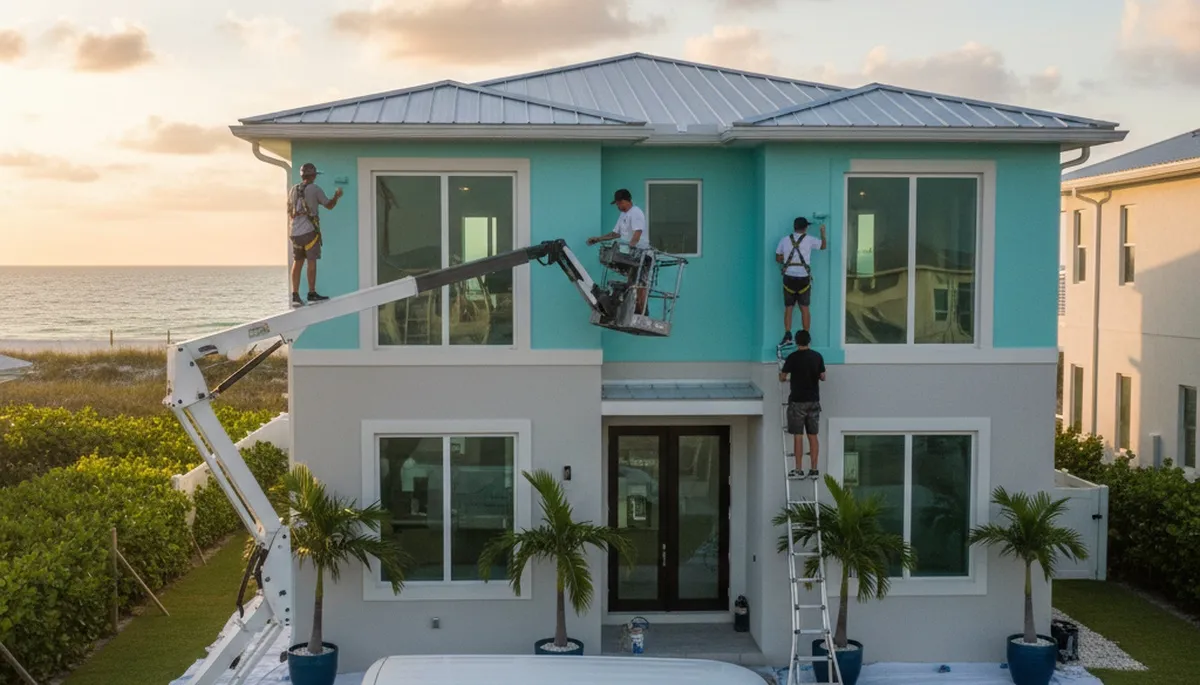Professional house painters working on exterior home in Sarasota FL