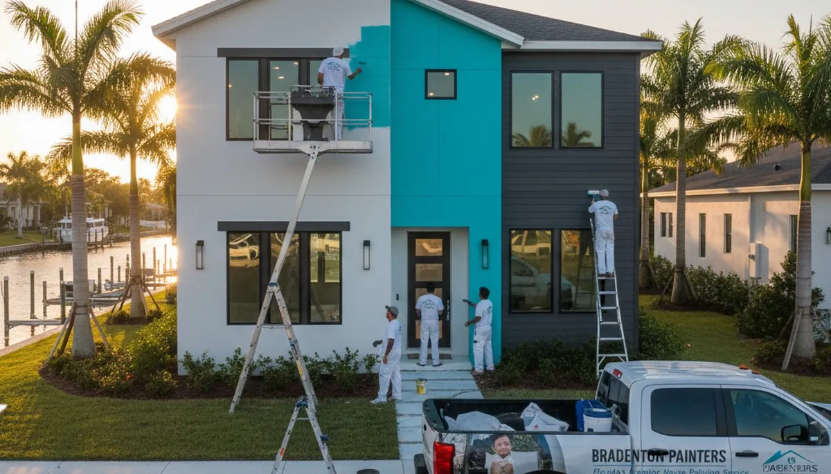 Professional house painters working on exterior home repaint in Sarasota, FL