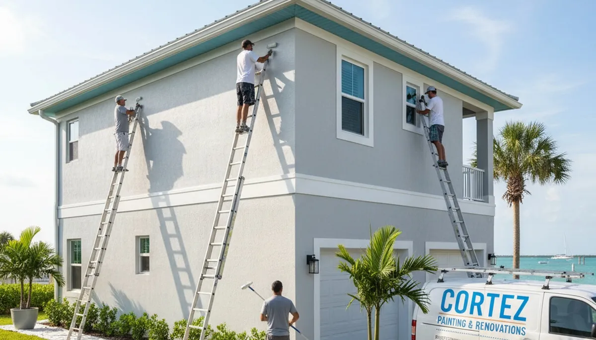 Professional house painters in Sarasota FL applying exterior paint to a coastal home