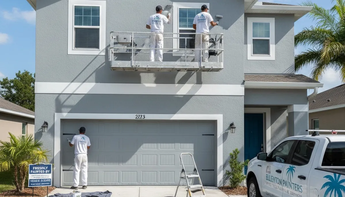 Professional house painters working on exterior home repaint in Sarasota, FL