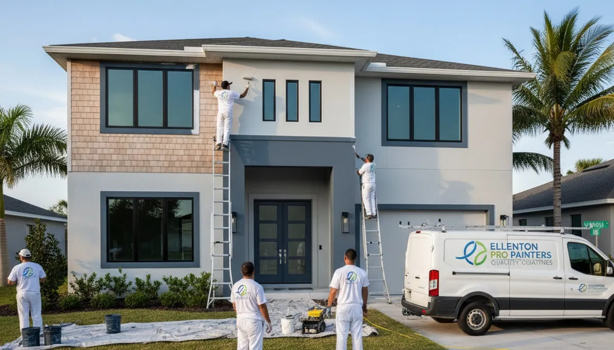 Professional exterior house painters in Sarasota FL applying fresh paint to home siding
