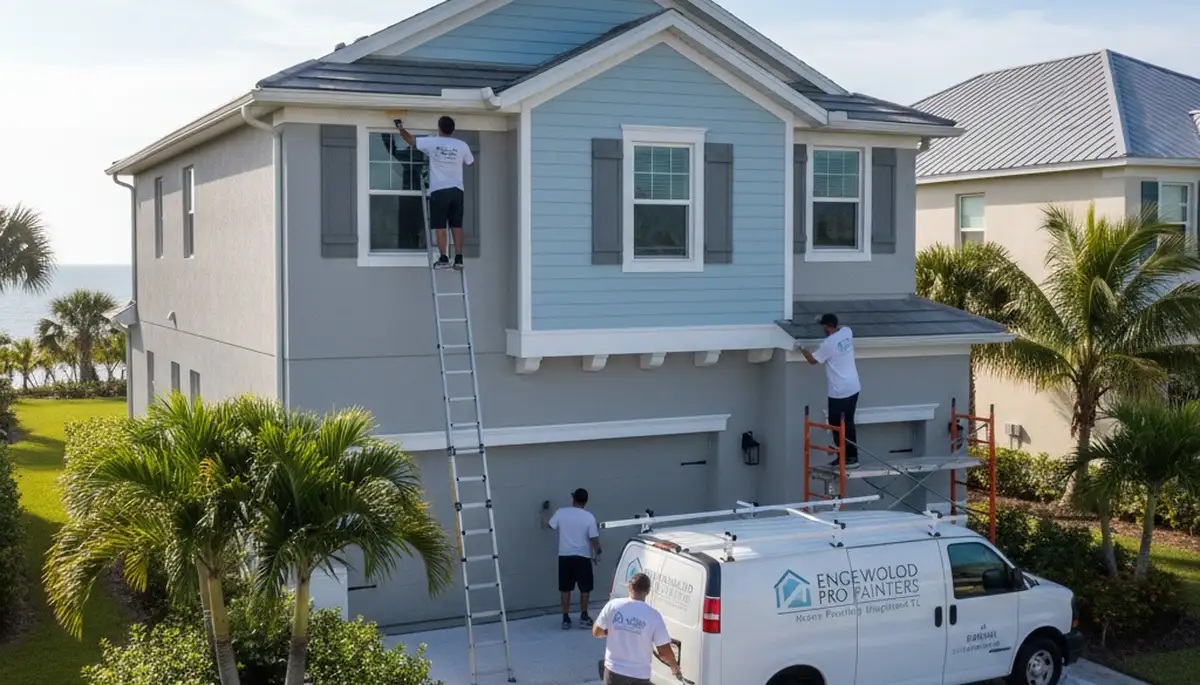 Professional house painters working on exterior home in Sarasota, FL