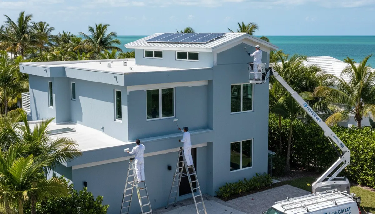 Professional house painters finishing exterior home in Sarasota, FL