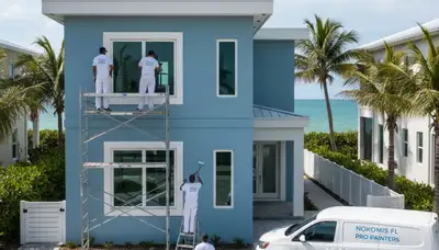 Professional house painters in Sarasota FL applying exterior paint to a coastal home