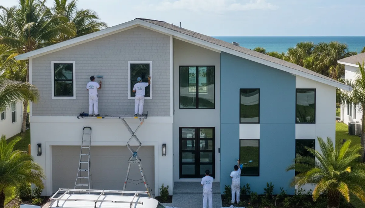 Professional house painters working on exterior home in Sarasota, FL