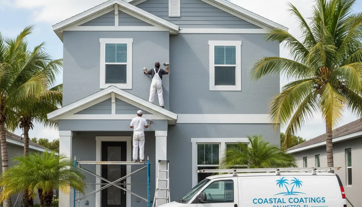 Professional house painters in Sarasota FL applying exterior paint to a coastal home
