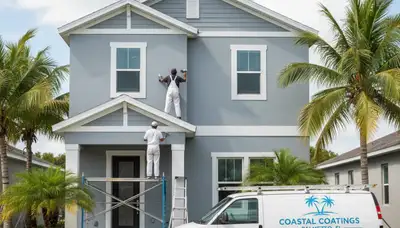 Professional house painters in Sarasota FL applying exterior paint to a coastal home