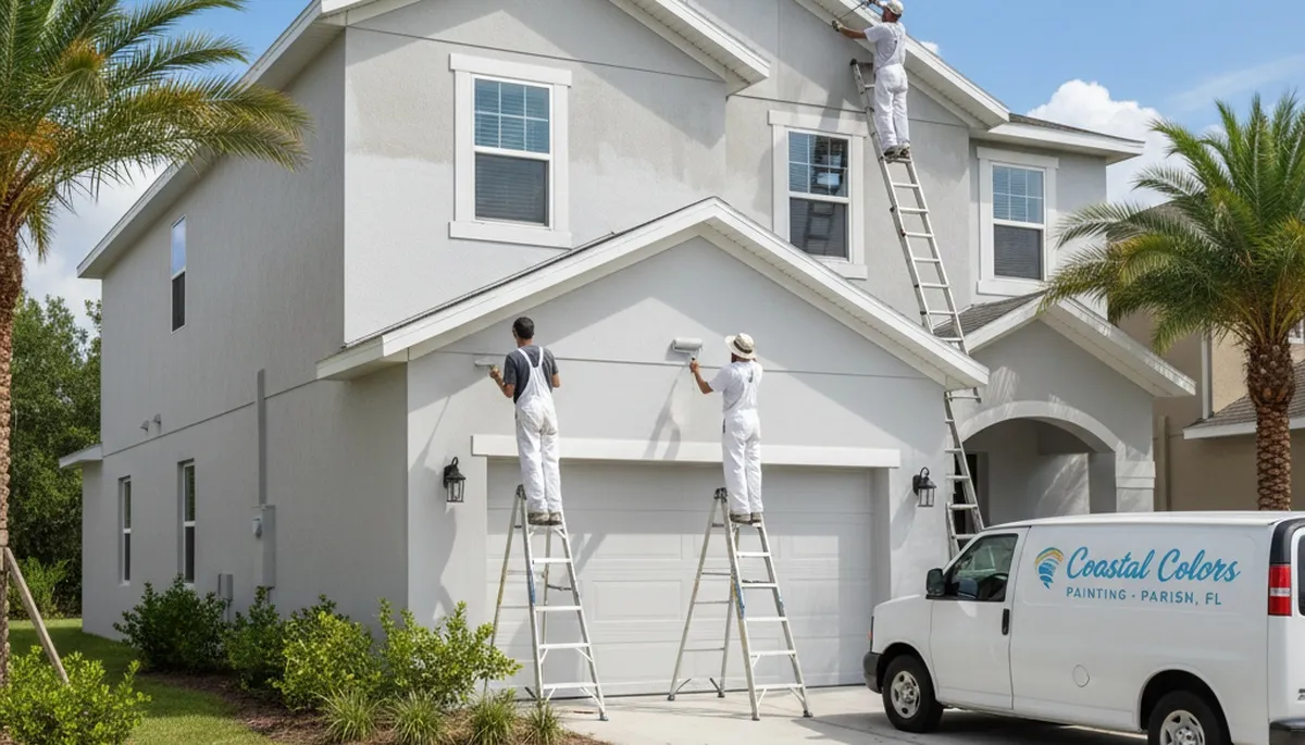 Professional house painters working on residential exterior in Sarasota, FL