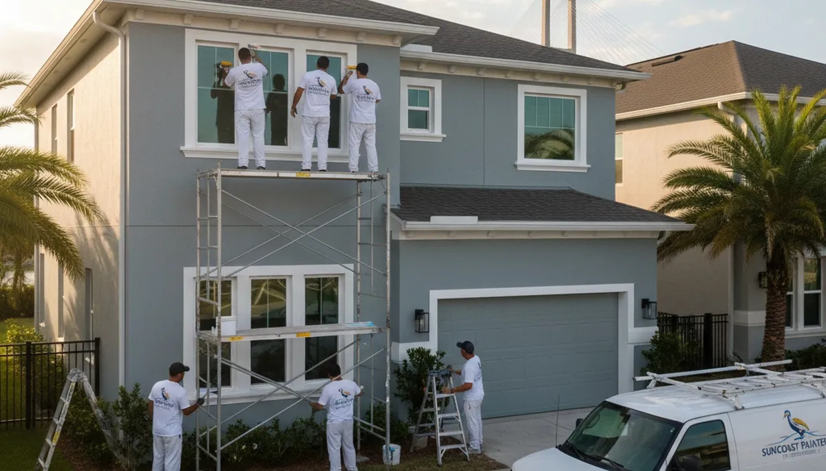 Professional house painters working on exterior home repaint in Sarasota FL