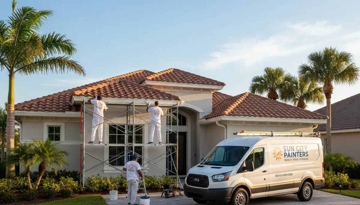 Professional house painters applying exterior paint on a Sarasota FL home