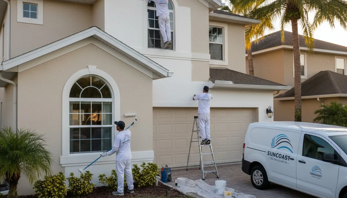 Professional house painters working on exterior home repaint in Sarasota FL