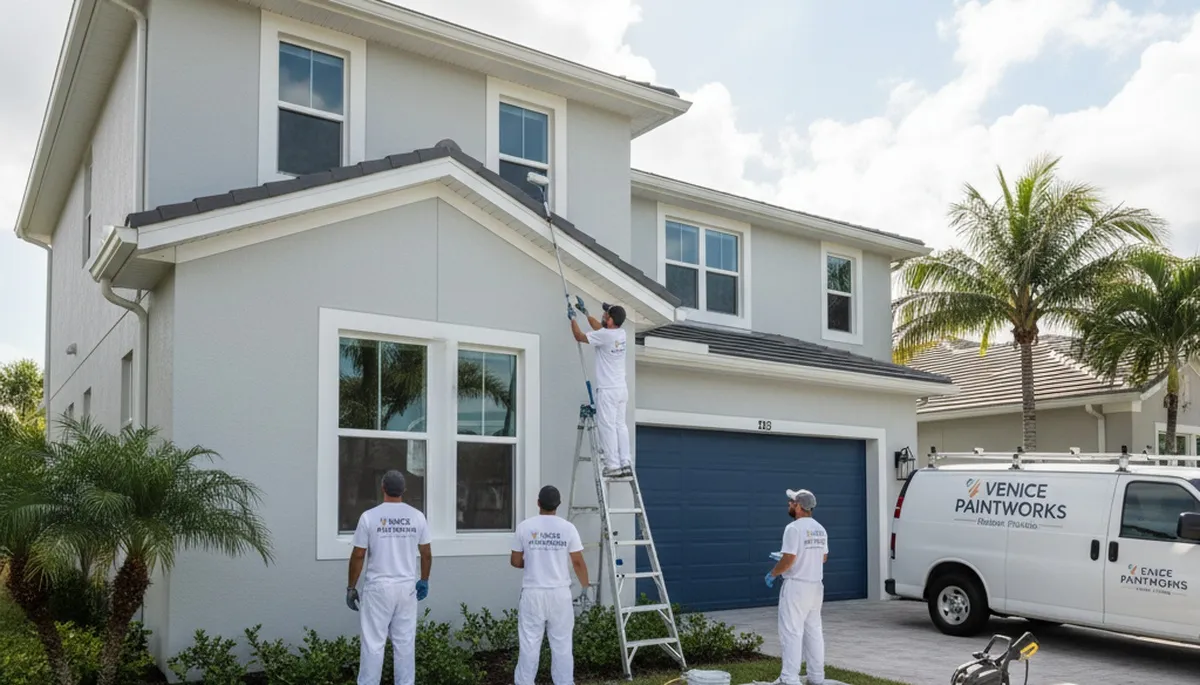 Professional house painters in Sarasota FL applying fresh exterior paint to a coastal home