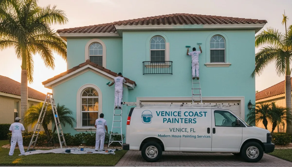 Professional house painters applying exterior paint to a Sarasota FL home exterior