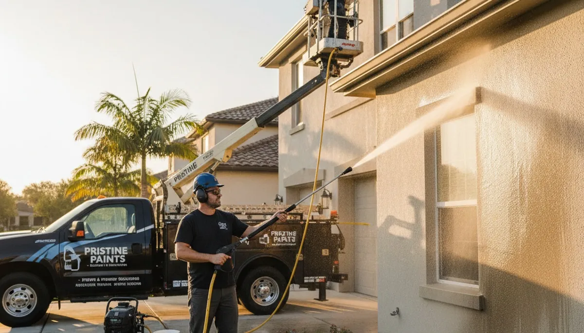 Professional pressure cleaning a Sarasota, FL home exterior to remove mildew and restore curb appeal