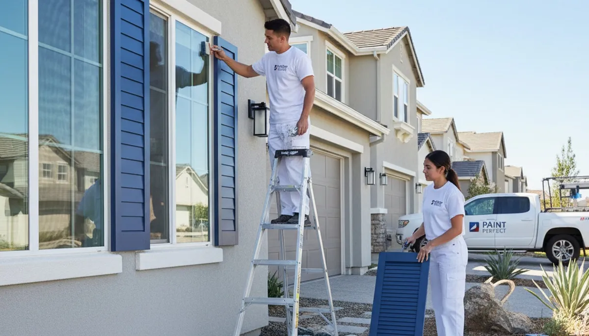 Professional painters restoring exterior shutters in Sarasota, FL with fresh, weather-resistant paint
