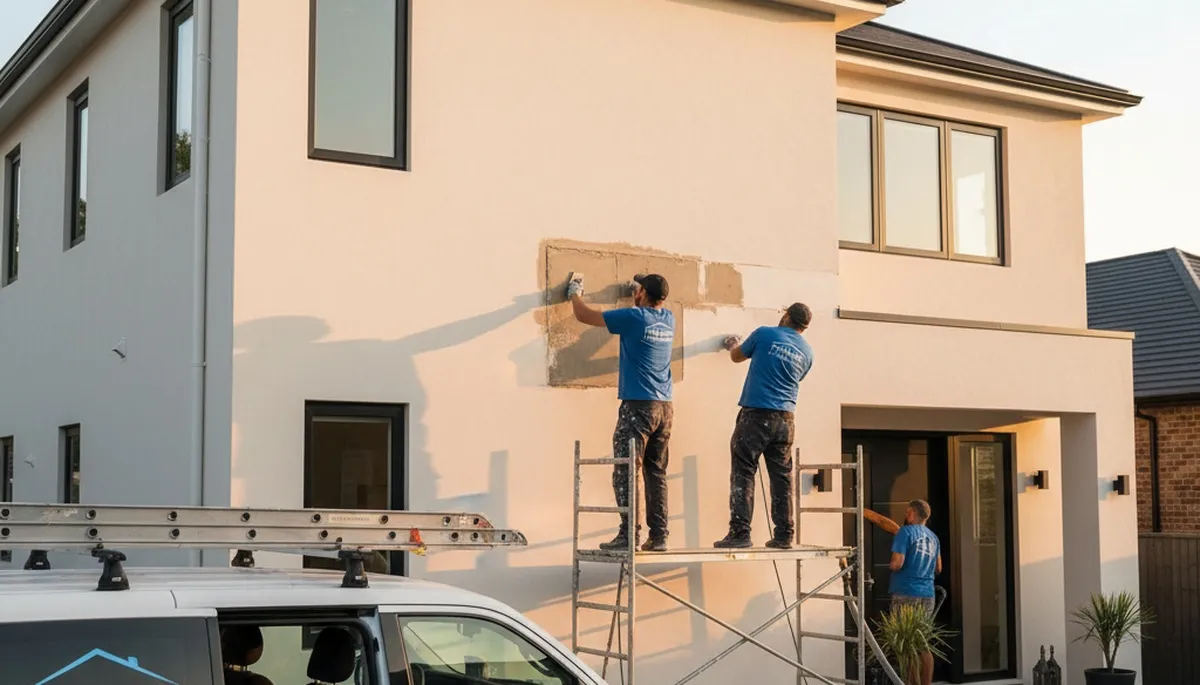 Technician performing stucco repair on Sarasota FL home exterior to restore cracks and prevent water damage