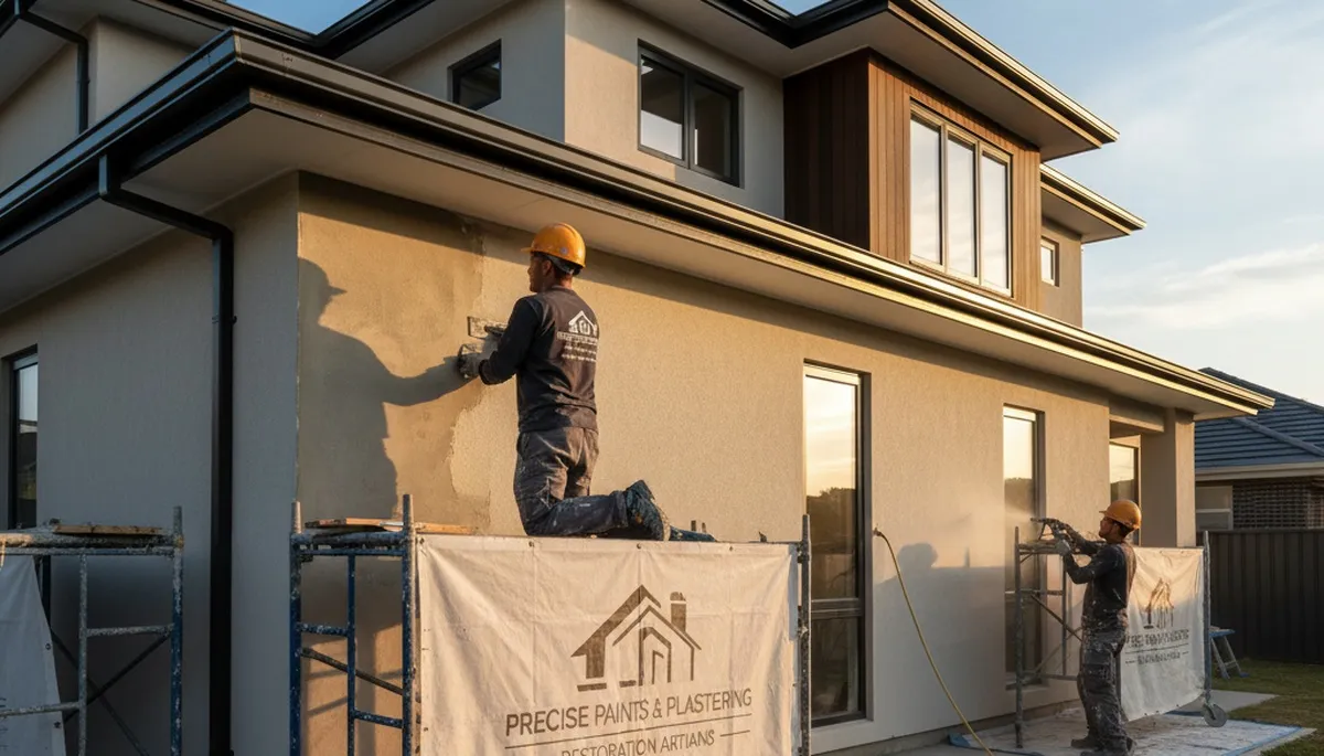 Technician repairing stucco exterior on Sarasota FL home for expert house painting and restoration