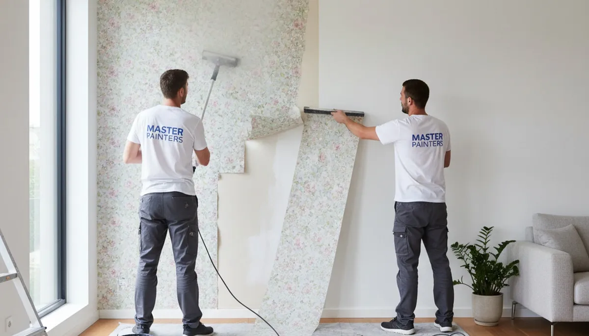 Professional wallpaper removal in Sarasota FL home by expert painters stripping old wall coverings