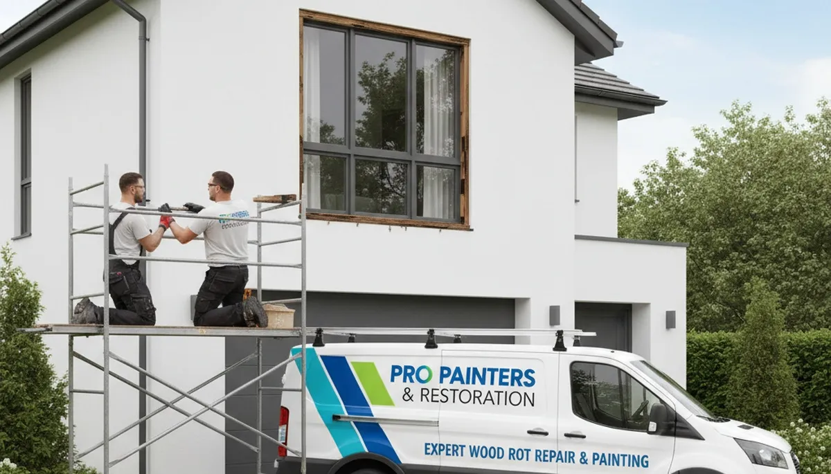 Technician repairing exterior wood rot on Sarasota FL home before repainting for weather protection