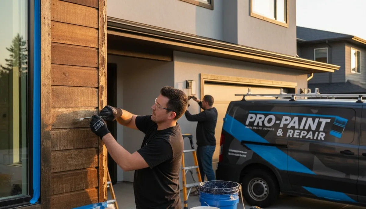 Technician repairing wood rot on Sarasota FL home exterior for professional painting restoration